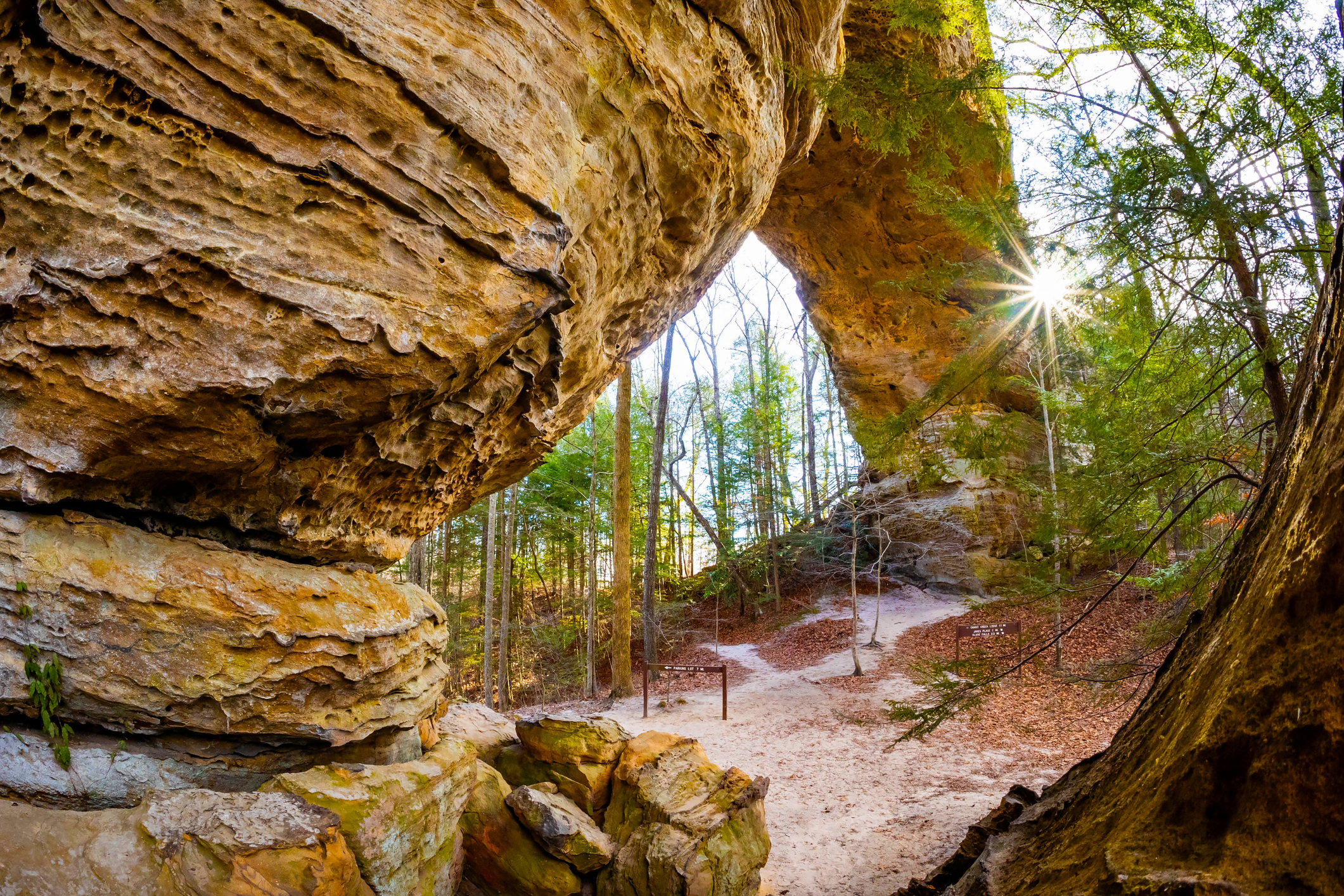 scenic rock formation Twin Arches in Big South Fork National Recreation Area in autumn