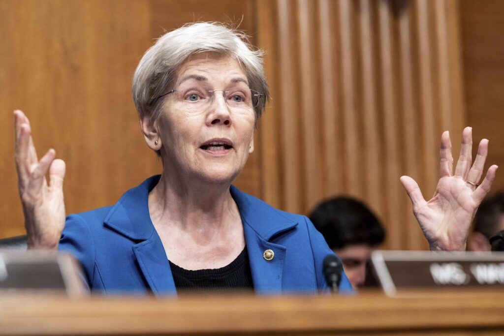 U.S. Senator Elizabeth Warren (D-MA) speaking at a hearing of the Senate Banking, Housing, and Urban Affairs Committee about the regulation of cryptocurrency at the U.S. Capitol in Washington, D.C. (Photo by Michael Brochstein/Sipa USA)(Sipa via AP Images)