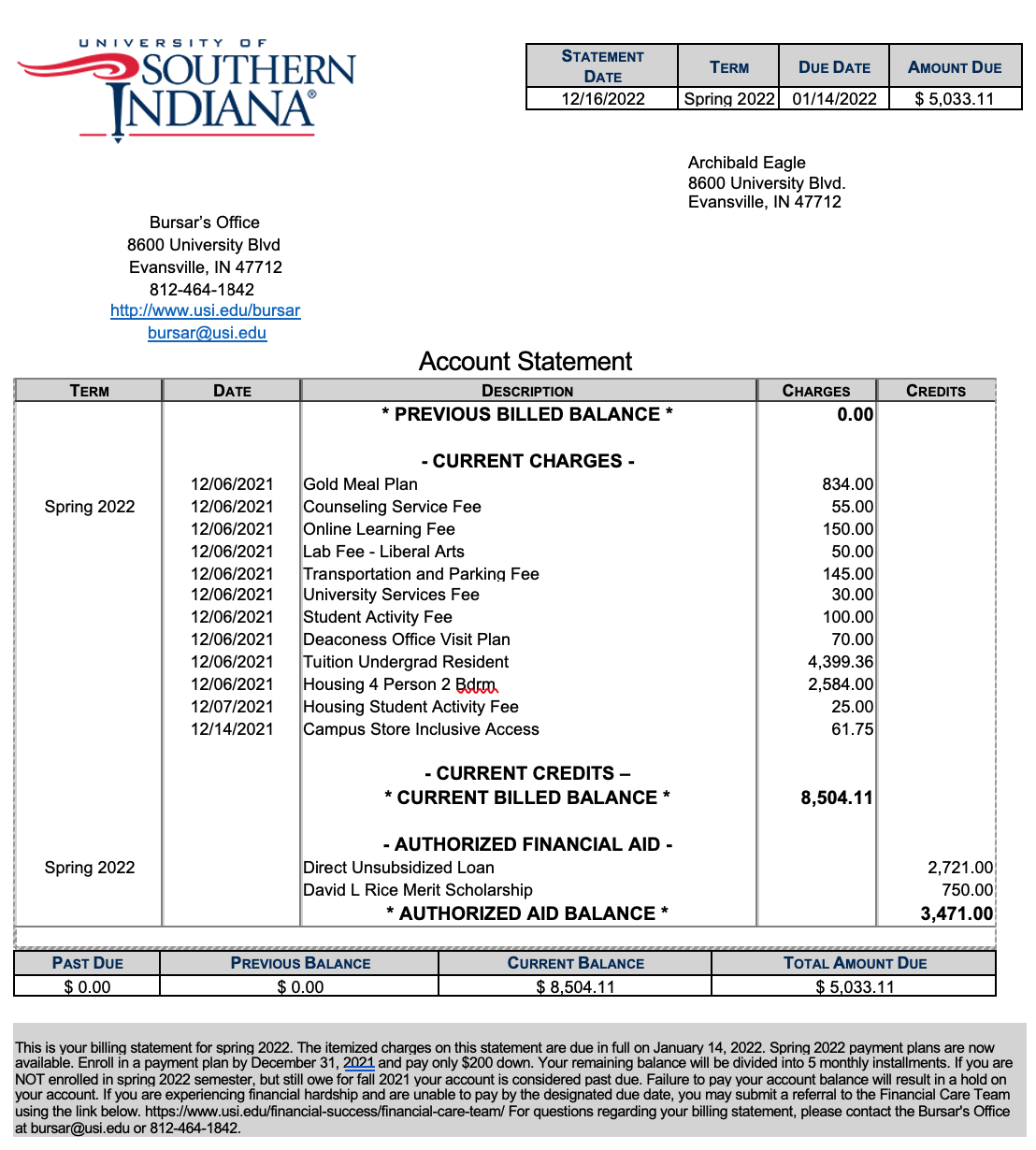 University of Southern Indiana Sample Bill | Source: University of Southern Indiana