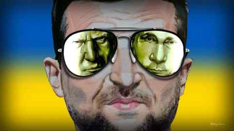 James Ferguson cartoon illustration of Volodymyr Zelenskyy with Putin and Trump reflected in sunglasses