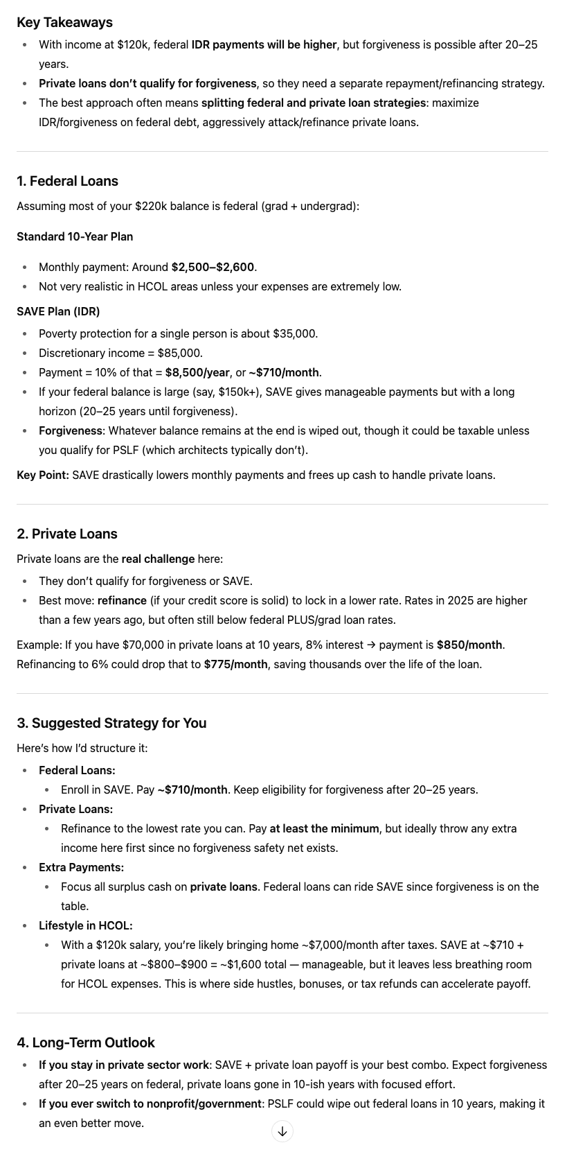 Achitect Private Loans ChatGPT output for an architect | Source: The College Investor screenshot