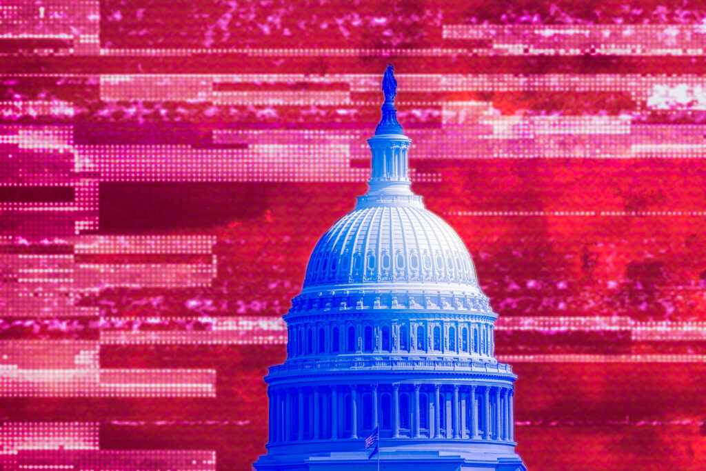 Washington DC Capitol Building in blue against a red and magenta background