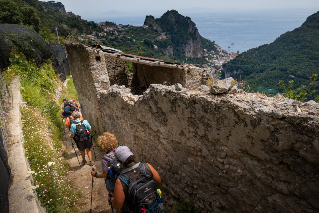 AMALFI, ITALY - JUNE 4, 2022: People are hiking in the small village of Pontone in the municipality of Scala with the stairways of Ravello Province of Salerno, Campania region, Italy.