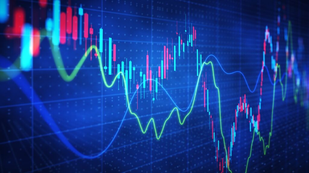 A stock market chart against a blue screen.