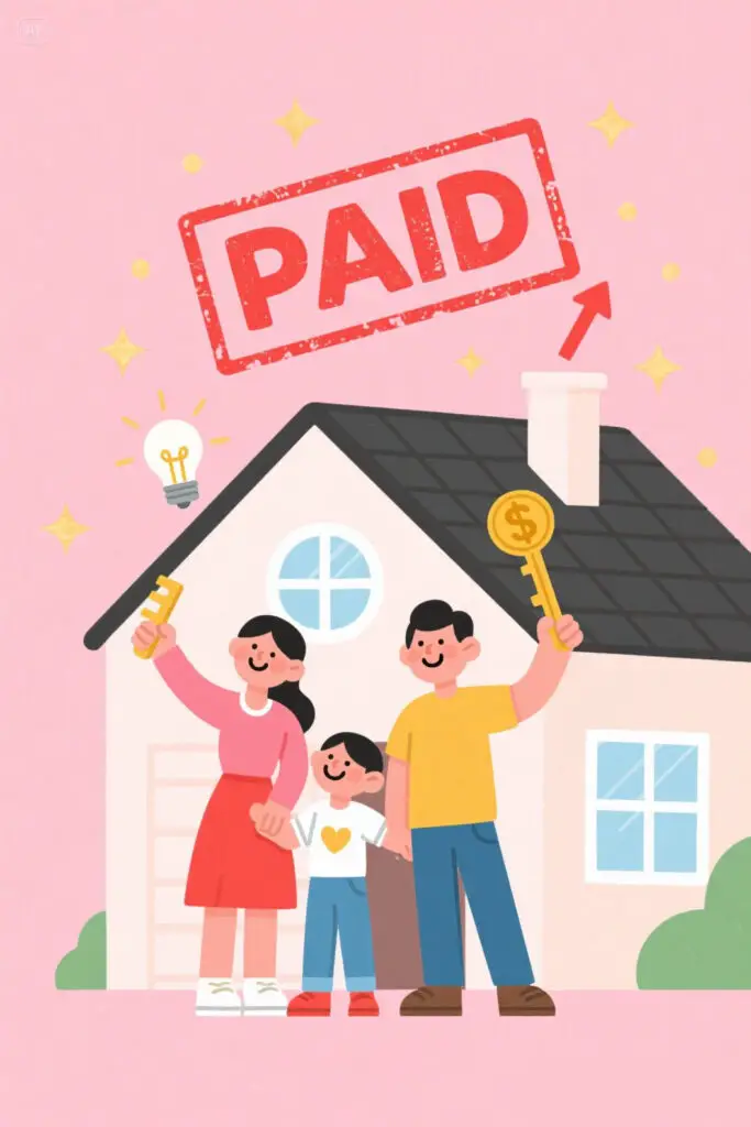 7 Baby Steps To Financial Freedom 3 A smiling family stands in front of their cozy home with a bold red “PAID” stamp across the roof. The pastel pink background includes golden sparkles and upward arrow highlights, representing security and financial freedom.