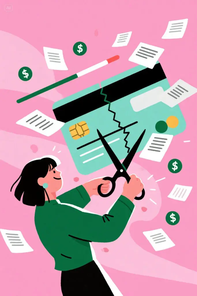 7 Baby Steps To Financial Freedom 2 A woman cutting a giant credit card in half with scissors, as loan documents and bills dissolve into dust. The pastel pink background features bright green dollar icons and a glowing progress bar, symbolizing freedom from debt.