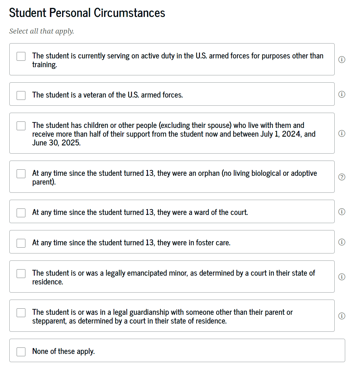 fafsa-dependent-student-questions Student Personal Circumstances | Source: FAFSA