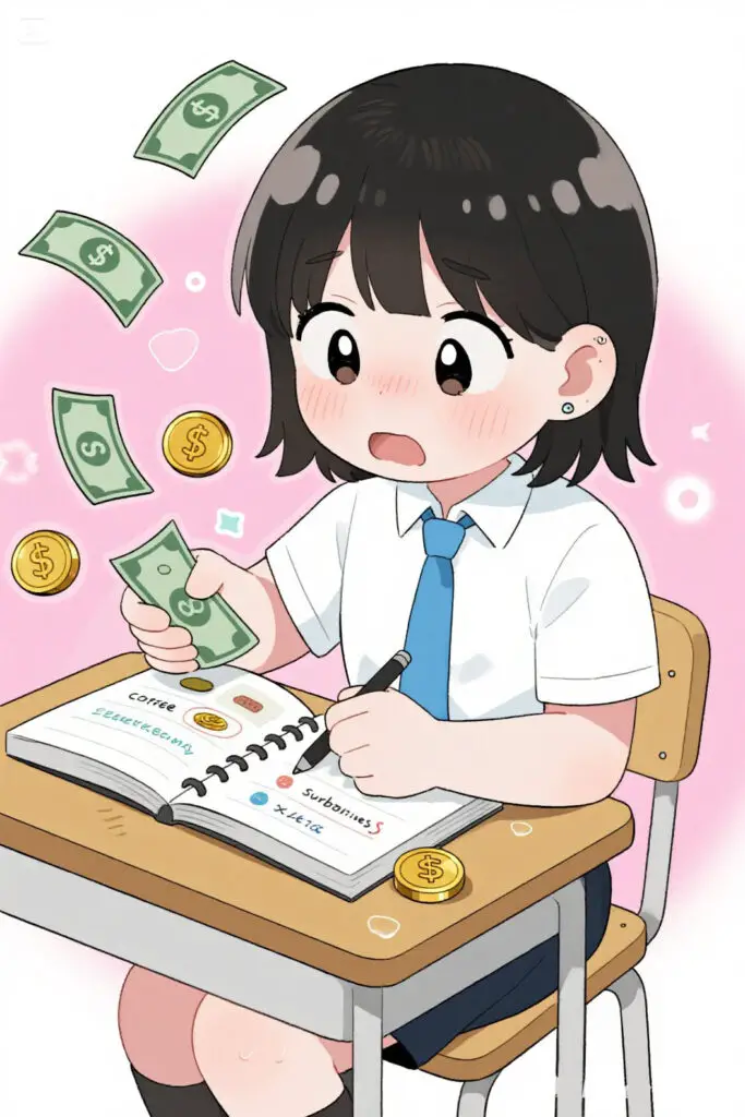 The Ultimate Financial Planning For Students Guide 2 Student sitting at a desk, looking surprised while reviewing a notebook of daily expenses like coffee, snacks, and subscriptions, with floating coins and bills symbolizing money slipping away. Pastel pink background with soft glowing highlights.
