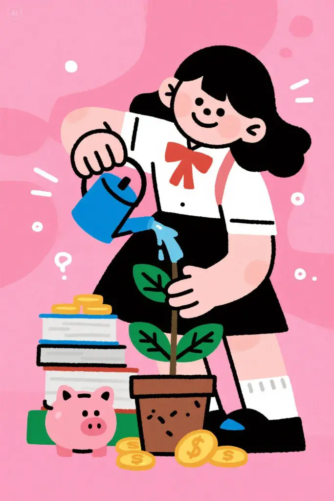 The Ultimate Financial Planning For Students Guide 3 Student happily watering a small plant that grows golden coins, with books and a piggy bank nearby, representing the benefits of starting investments early. Pastel pink background with soft glowing highlights.