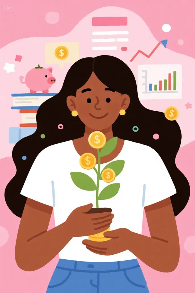A smiling Black woman holds a plant with golden coins as leaves, symbolizing investment growth. A piggy bank, books, and stock market charts appear in the background on a pastel pink backdrop with glowing highlights.