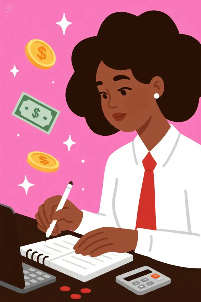 A Black woman sits at a desk with a laptop, calculator, and notebook, reviewing her income and expenses. Icons of coins, bills, and a credit card float around her on a pastel pink background with glowing highlights.