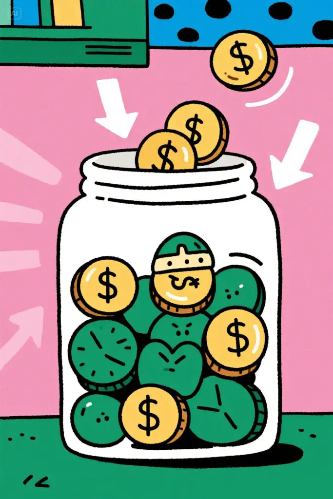 Illustration of a savings jar filling with cash, with larger bills going in first and smaller ones later, symbolizing the reverse biweekly savings challenge, on a pastel pink background.