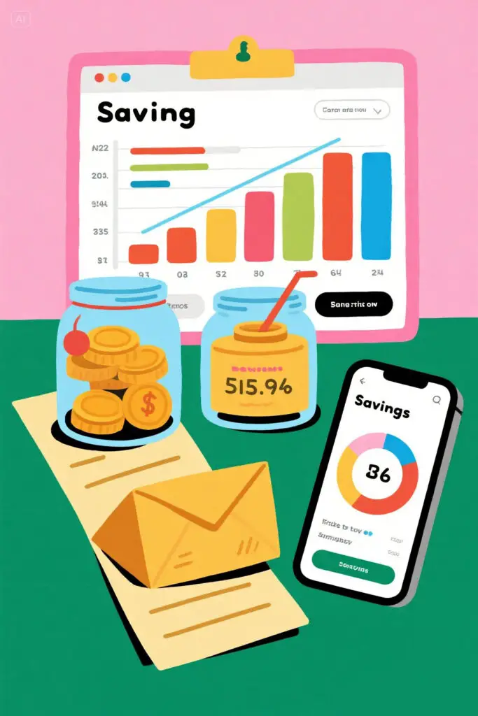 Pastel pink chart with colorful progress bars and checkmarks, showing a savings tracker with boxes being filled in, representing motivation in the biweekly savings challenge.