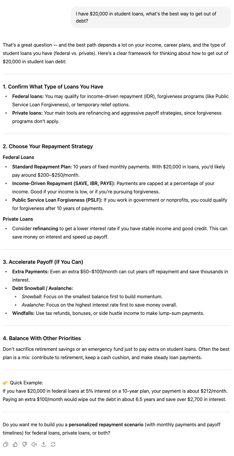 20k In Debt ChatGPT output for a teacher with $20,000 in debt | Source: The College Investor screenshot