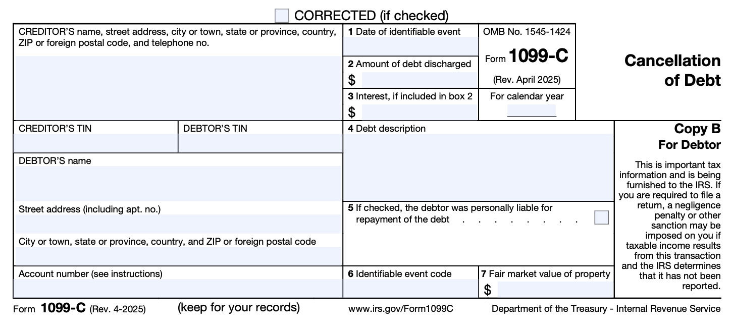1099-C IRS Form 1099-C | Source: Internal Revenue Service