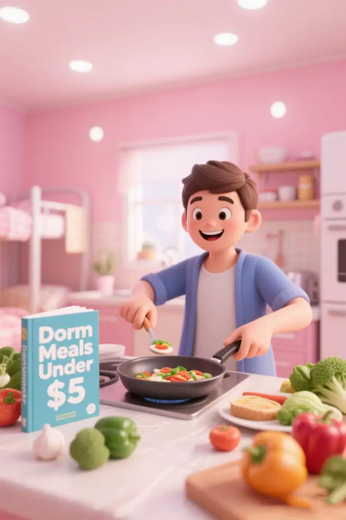 20 Most Helpful Financial Life Hacks For Students 3 Student cooking a budget-friendly meal in a dorm kitchen with fresh ingredients on a pastel pink background, illustrating the idea of saving money by preparing food at home.