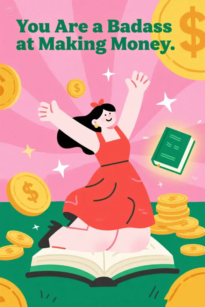 Illustration of a happy woman celebrating success surrounded by dollar icons and sparkles on a pastel pink background, inspired by Jen Sincero’s empowering money mindset book.
