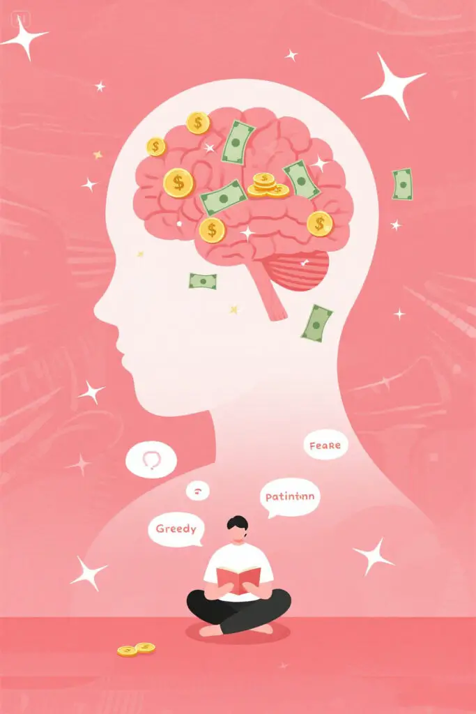 Digital illustration of a brain formed from coins and bills on a pastel pink background, symbolizing emotional and psychological connections with money inspired by "The Psychology of Money.