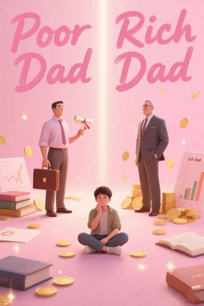 Illustration showing a young person learning from two father figures — one academic and one entrepreneurial — on a pastel pink background with golden highlights, representing financial wisdom from "Rich Dad Poor Dad.