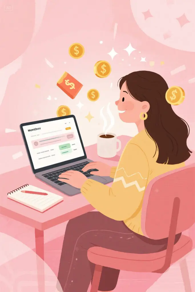 Budgeting Tips For First Apartment 2 Illustration of a young woman reviewing her income on a laptop at a pastel pink desk with golden highlights, symbolizing financial awareness and mindful money planning for her first apartment.