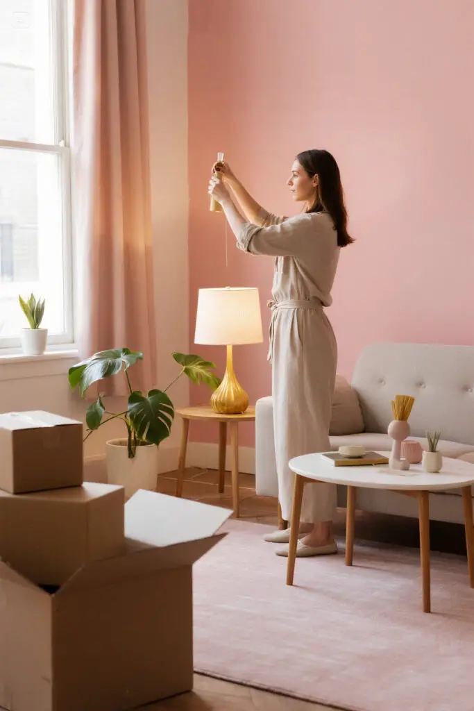 Budgeting Tips For First Apartment 3 Illustration of a cozy, partially furnished apartment in soft pastel pink tones with golden highlights, showing a woman adding decor gradually to represent mindful and budget-friendly furnishing.