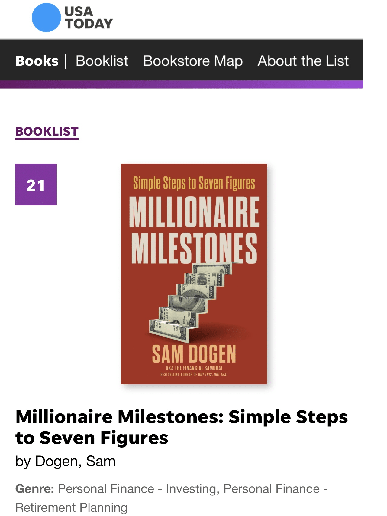 Millionaire Milestones USA TODAY national bestseller by Sam Dogen