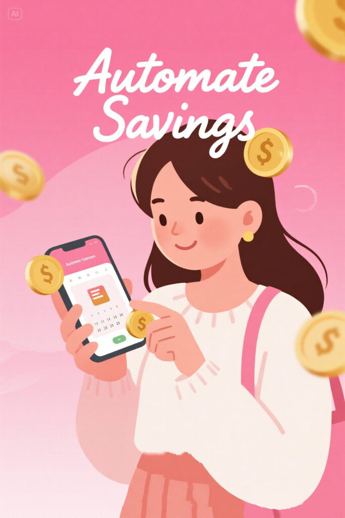17 Financial Life Hacks For 2025 2 Illustration of a woman checking her phone with automatic savings transfer notification, representing effortless money management and consistent saving habits on a pastel pink and golden background.