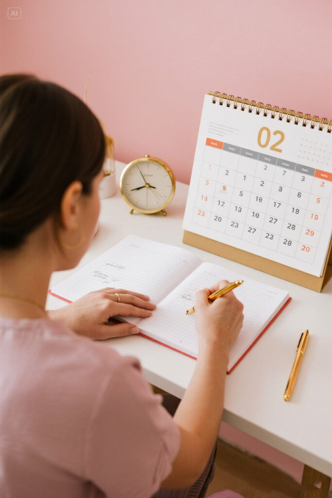 No Spend Challenge Rules You Must Follow 2 Illustration of a woman marking dates on a calendar at her desk on a pastel pink background with golden highlights, symbolizing goal setting and planning for a no-spend challenge.