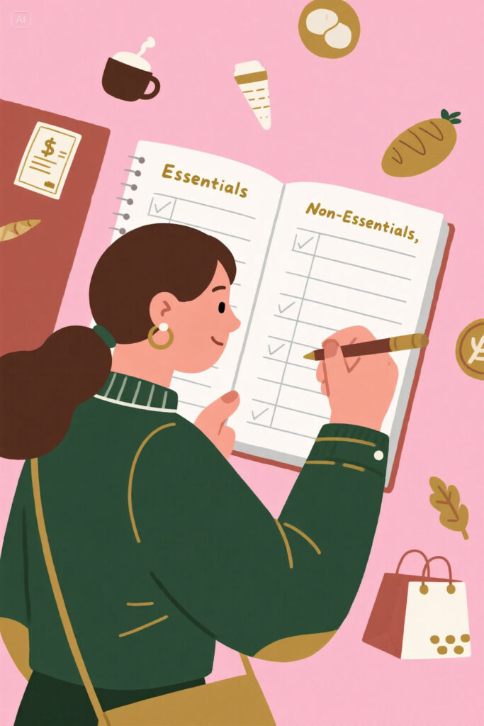No Spend Challenge Rules You Must Follow 3 Illustration of a woman listing essentials and non-essentials in a notebook on a pastel pink and golden background, symbolizing defining spending boundaries during a no-spend challenge.