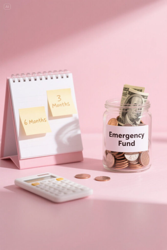 Saving Goals 2025 2 Clear jar labeled “Emergency Fund” with coins, planner, and calculator on a pastel pink background with golden highlights, symbolizing steady financial preparation and saving for emergencies.