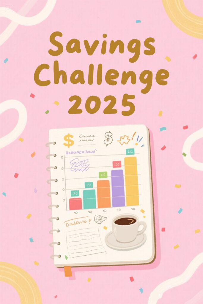 Saving Goals 2025 3 Savings tracker and notebook labeled “Savings Challenge 2025” on a pastel pink background with golden accents, representing a fun and creative approach to saving money.