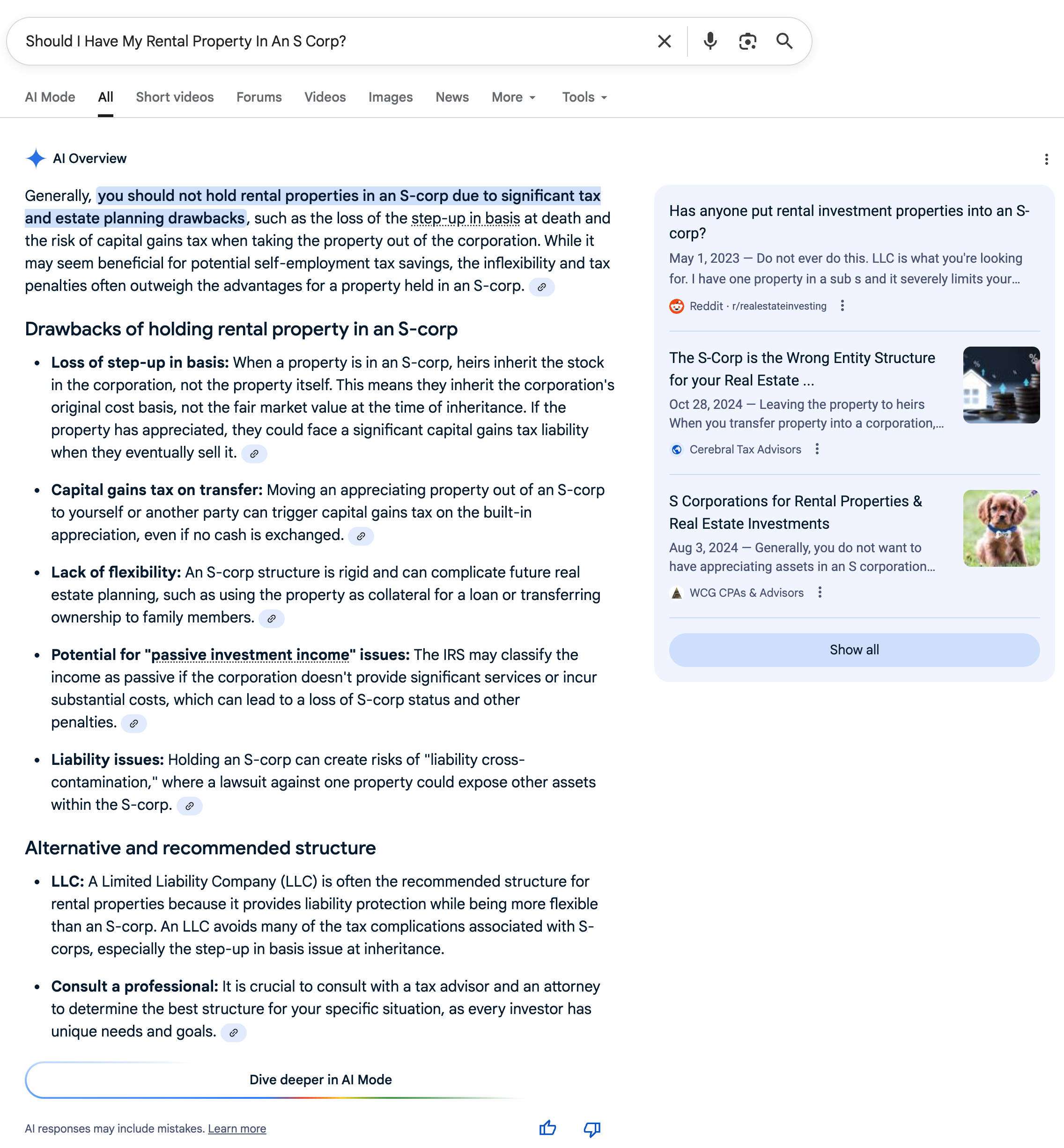 S Corp Rental Property | Screenshot by The College Investor