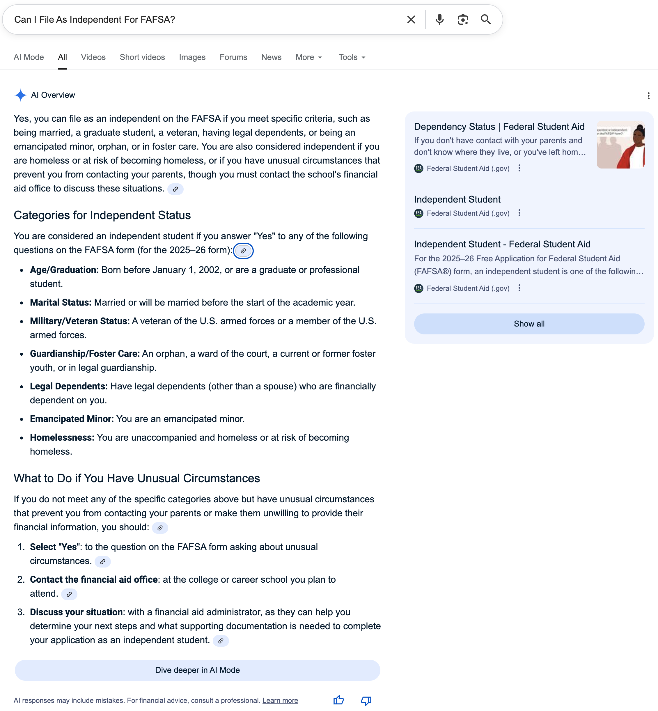 FAFSA Independent | Screenshot by The College Investor