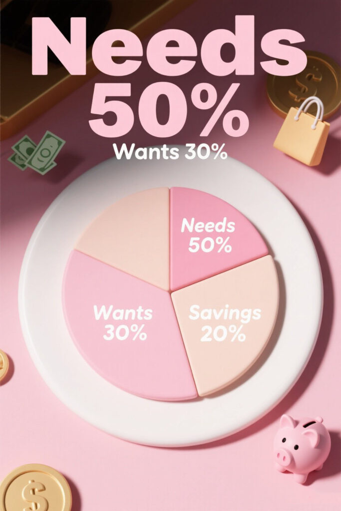 $10,000 Savings Strategy 2 Illustration of a 50/30/20 budgeting pie chart on a pastel pink background showing income division for needs, wants, and savings with soft golden highlights symbolizing financial balance and planning.