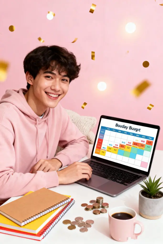 Money Saving Techniques For Students 2 A happy student creating a weekly budget on a laptop with charts and notes on a pastel pink background, symbolizing smart financial planning and better money management.