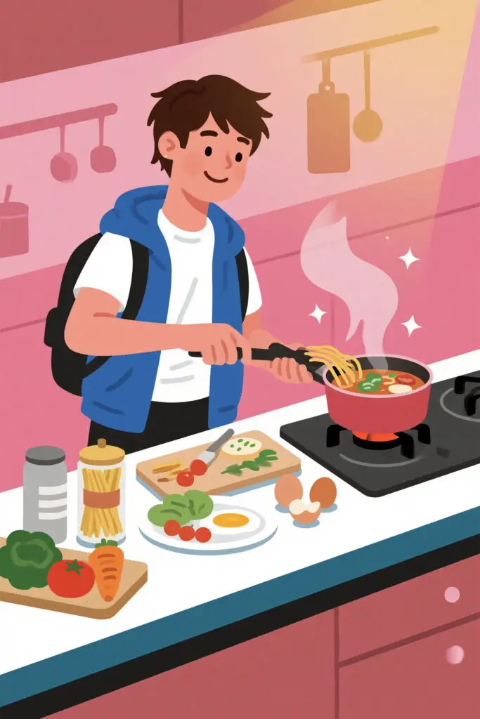 Money Saving Techniques For Students 3 Pastel pink illustration of a student cooking a meal at home, surrounded by fresh ingredients, representing saving money by preparing food instead of dining out.