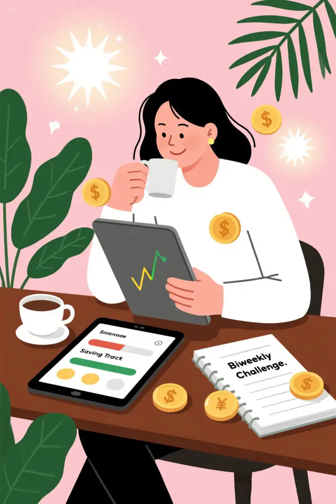 Bi Weekly Savings Challenge 3 Illustration of a woman happily updating her savings tracker on a pastel pink background, representing tracking biweekly savings progress with calm and motivation.