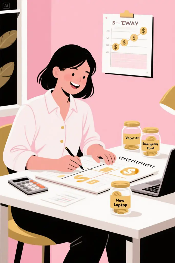 Bi Weekly Savings Challenge 2 Illustration of a woman organizing her savings goal into smaller parts using labeled jars and a notepad on a pastel pink background, representing manageable biweekly saving steps.