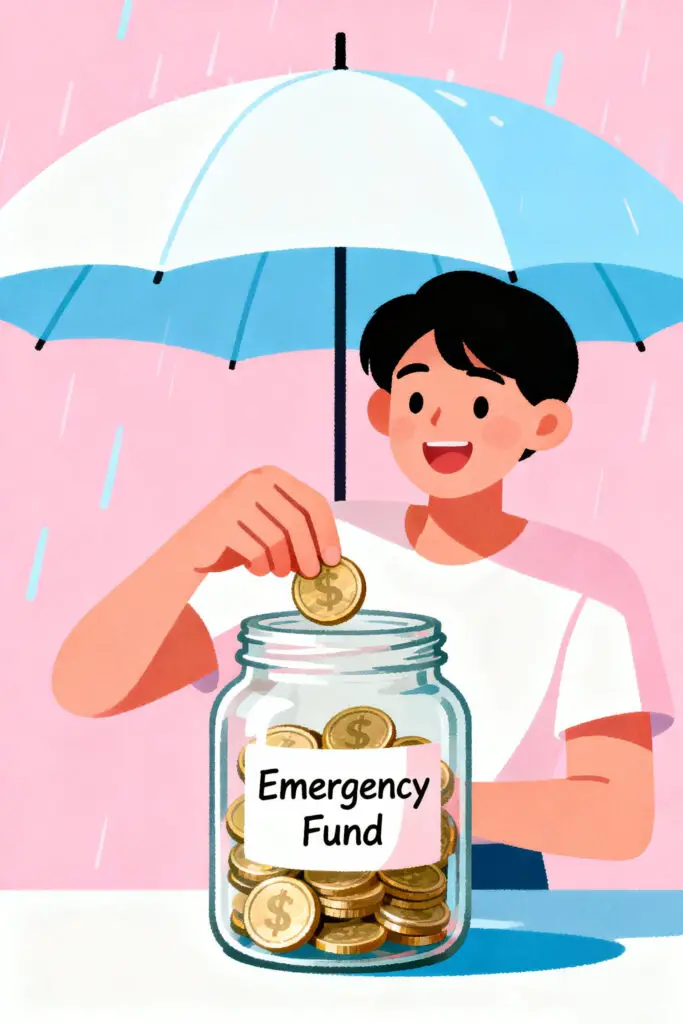 Smart Ways to Use Budget Categories for Financial Planning 3 An illustration of a person saving money in an emergency fund jar under an umbrella on a pastel pink background, representing financial protection and planning for unexpected expenses.