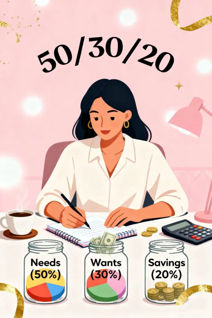 Smart Ways to Use Budget Categories for Financial Planning 2 An illustration of a woman managing her budget using the 50/30/20 rule with jars labeled Needs, Wants, and Savings on a pastel pink background, symbolizing smart financial planning and balance.