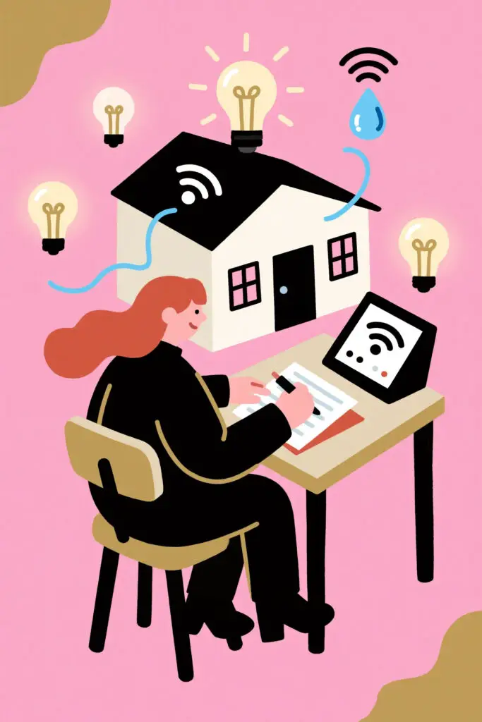 Ultimate List of Budget Categories Smart People Use 2 An illustration of a woman reviewing her housing and utility bills in a cozy home with icons for electricity, water, and internet on a pastel pink background, representing mindful budgeting for essential living costs.