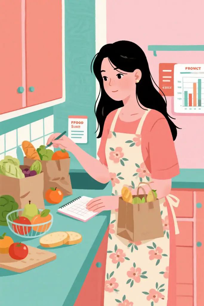 Ultimate List of Budget Categories Smart People Use 3 An illustration of a woman organizing groceries and checking a meal plan in a pastel kitchen on a pink background, representing smart food budgeting and mindful spending on meals.