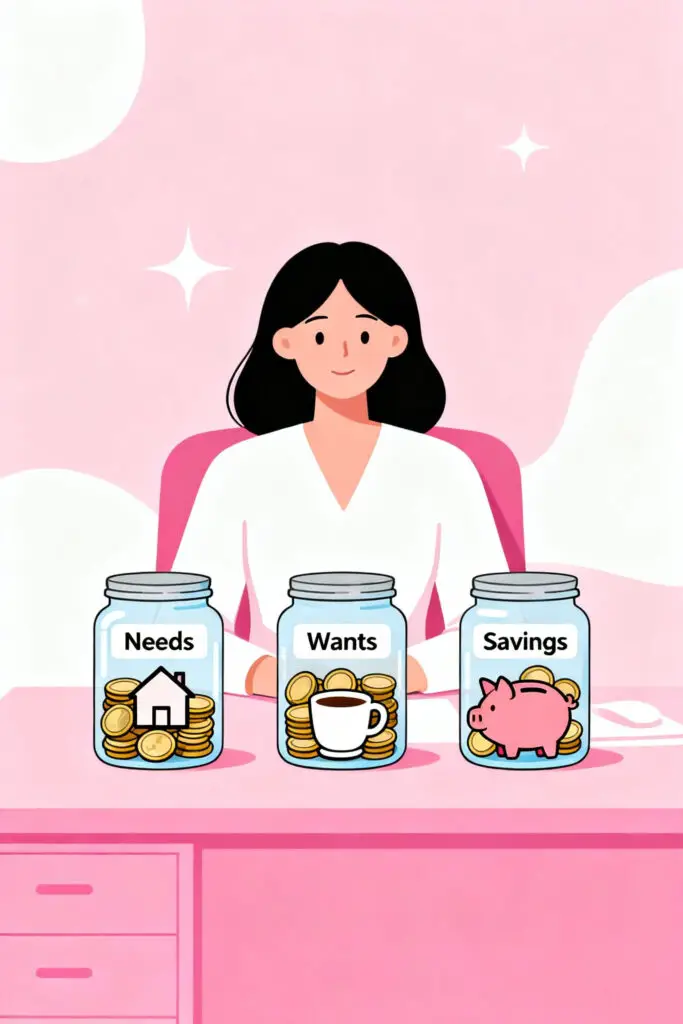 The 3 Budget Categories Are All You Really Need 2 Illustration of a woman organizing three budget jars labeled needs, wants, and savings on a pastel pink background, symbolizing simple budgeting and money organization.