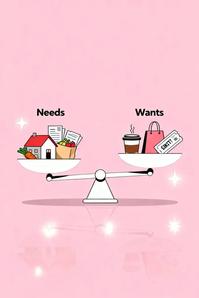 The 3 Budget Categories Are All You Really Need 3 Illustration of a balanced scale with needs and wants represented by icons like groceries and shopping bags on a pastel pink background, emphasizing balanced spending habits.