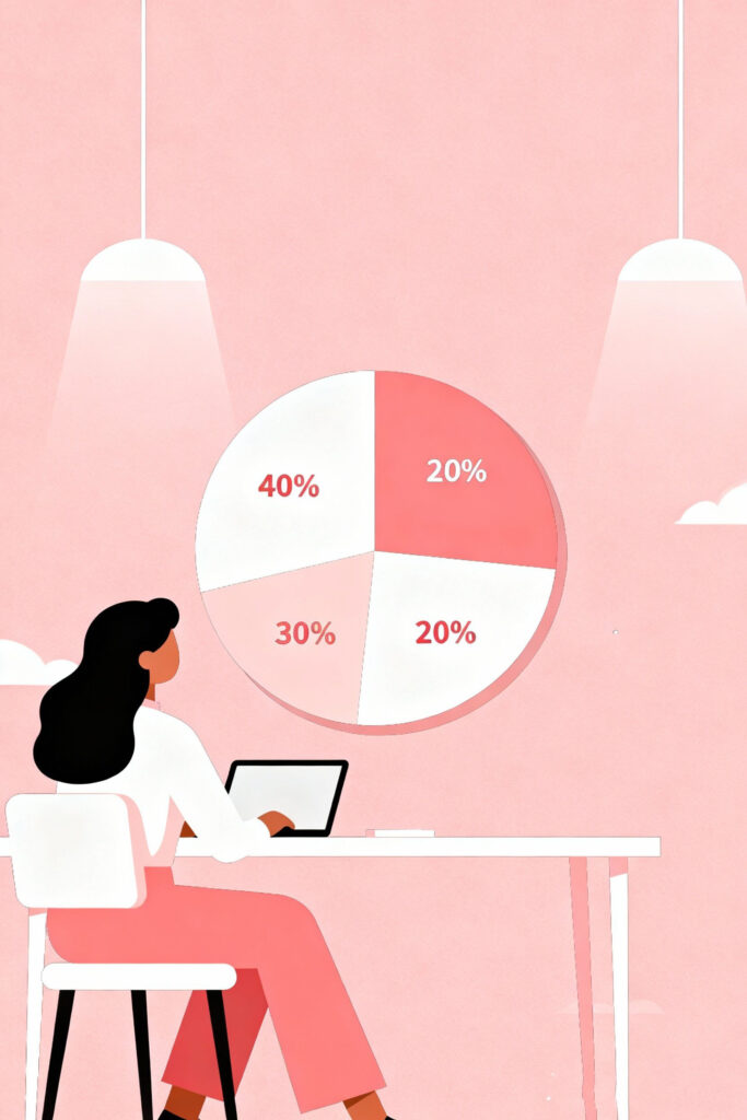 A Beginner’s Guide to Budgeting Finances with the 40-30-20-20 Rule 2 Illustration of a woman studying a pastel pie chart labeled needs, wants, savings, and investments, representing the breakdown of the 40-30-20-20 budgeting rule.