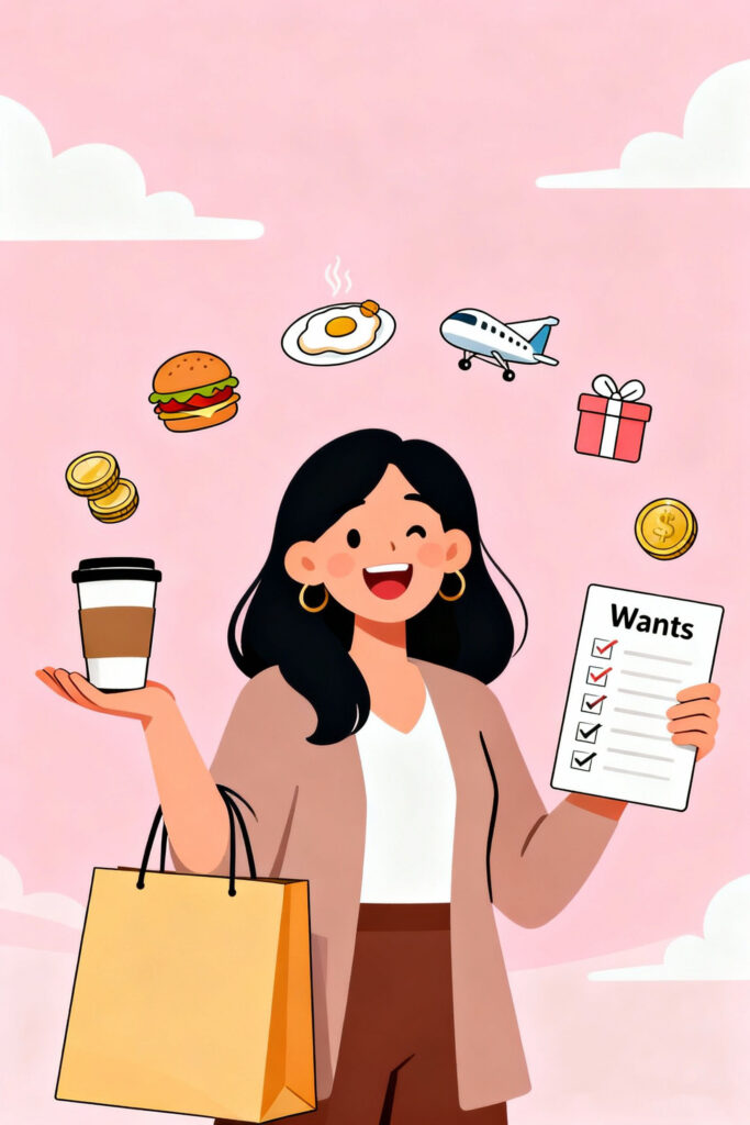 A Beginner’s Guide to Budgeting Finances with the 40-30-20-20 Rule 3 Illustration of a smiling woman enjoying coffee and shopping with icons of leisure and treats around her on a pastel pink background, symbolizing mindful spending on wants.