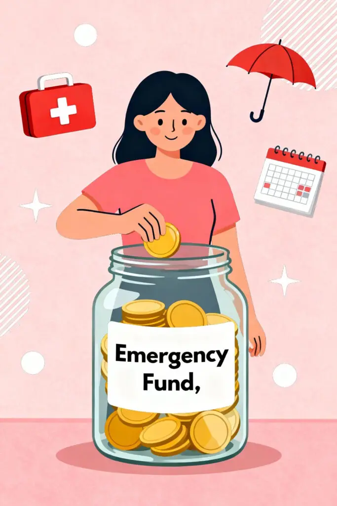Budgeting 101: A Beginner’s Guide to Managing Your Money 3 Illustration of a woman saving money in a glass jar labeled “Emergency Fund” with icons of safety and planning on a pastel pink background, representing financial security and preparedness.