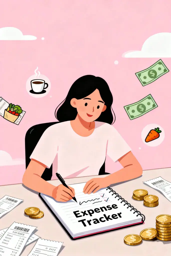 Budgeting 101: A Beginner’s Guide to Managing Your Money 2 Illustration of a woman tracking her expenses in a notebook with floating icons of groceries, coffee, and bills on a pastel pink background, symbolizing mindful money tracking.