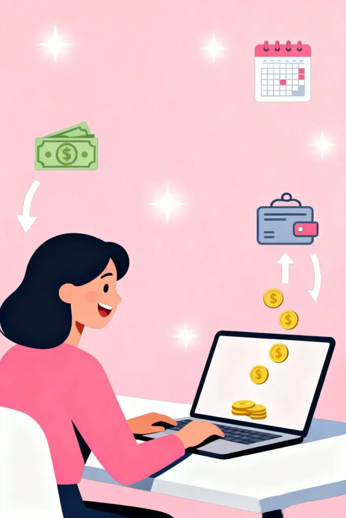 Illustration of a woman smiling as she watches money transfer automatically between bank accounts on her laptop, representing the concept of automating savings, on a pastel pink background with glowing highlights.
