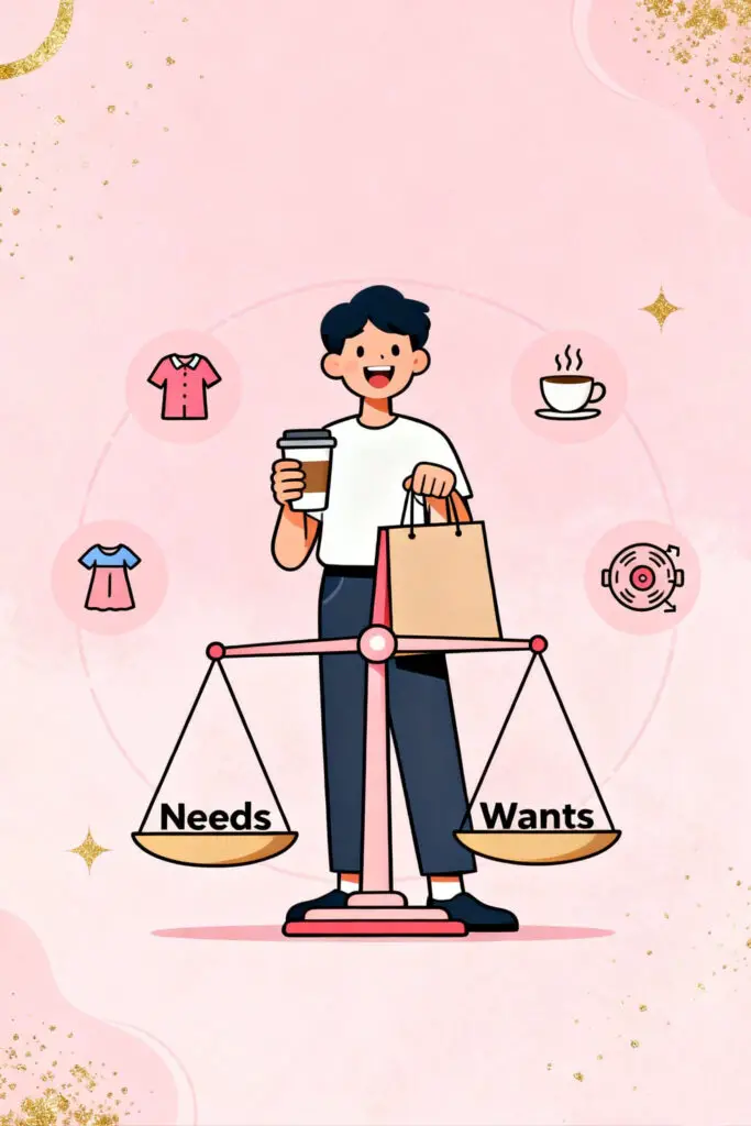 Budgeting Made Simple: The Only 3 Categories That Matter 3 Illustration of a person holding a coffee cup and shopping bag next to a balanced scale with “Needs” and “Wants,” symbolizing mindful spending, on a pastel pink background with golden highlights.